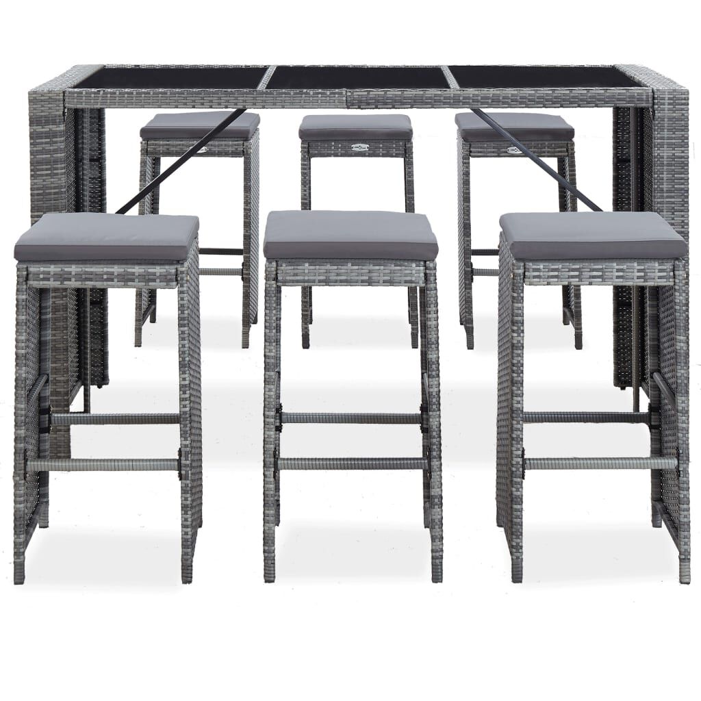 vidaXL 7 Piece Garden Bar Set with Cushions Poly Rattan Grey