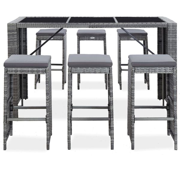 vidaXL 7 Piece Garden Bar Set with Cushions Poly Rattan Grey