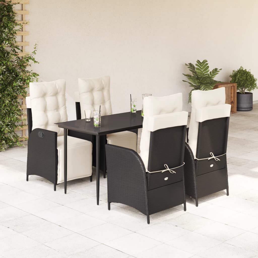 vidaXL 5 Piece Garden Dining Set with Cushions Black Poly Rattan