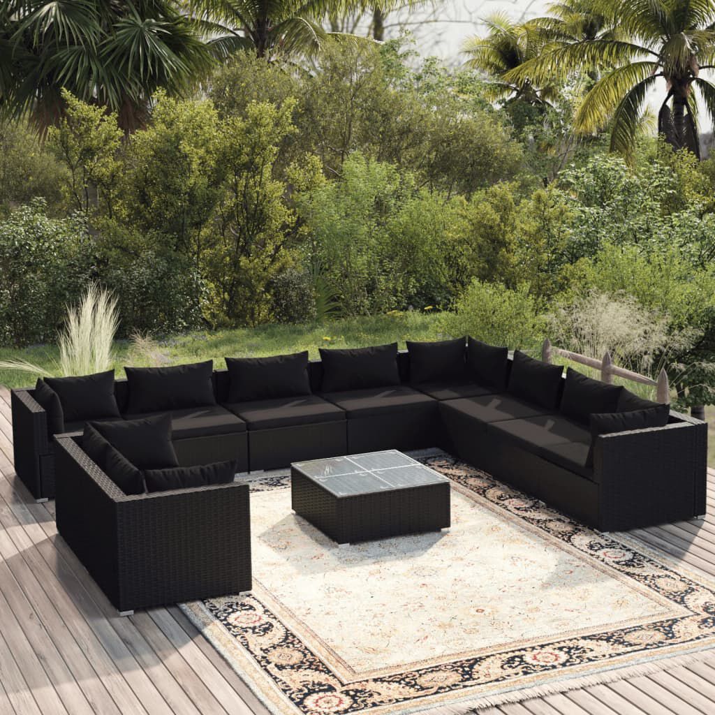 vidaXL 11 Piece Garden Lounge Set with Cushions Black Poly Rattan