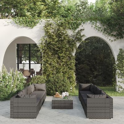 vidaXL 9 Piece Garden Lounge Set with Cushions Poly Rattan Grey, grey and anthracite vidaXL 9 Piece Garden Lounge Set with Cushions Poly Rattan Grey