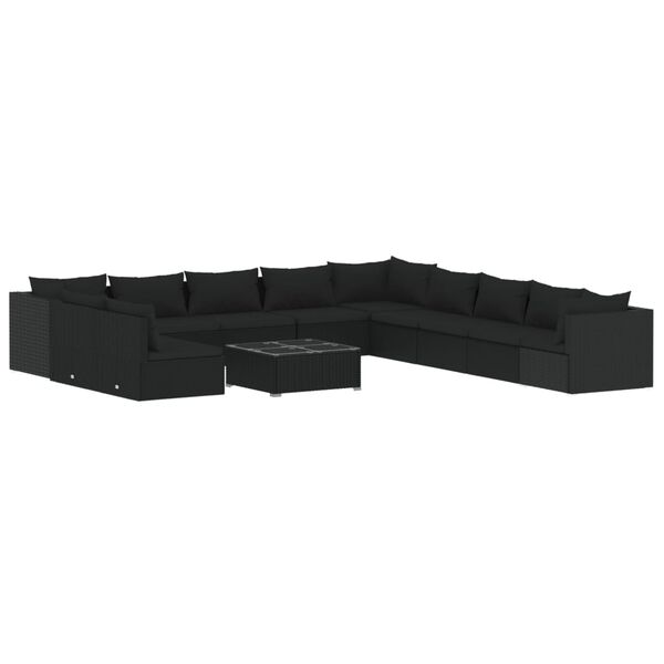 vidaXL 12 Piece Garden Lounge Set with Cushions Black Poly Rattan