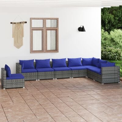 vidaXL 8 Piece Garden Lounge Set with Cushions Poly Rattan Grey, grey and dark blue vidaXL 8 Piece Garden Lounge Set with Cushions Poly Rattan Grey