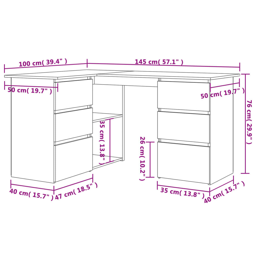 vidaXL Corner Desk White 145x100x76 cm Engineered Wood