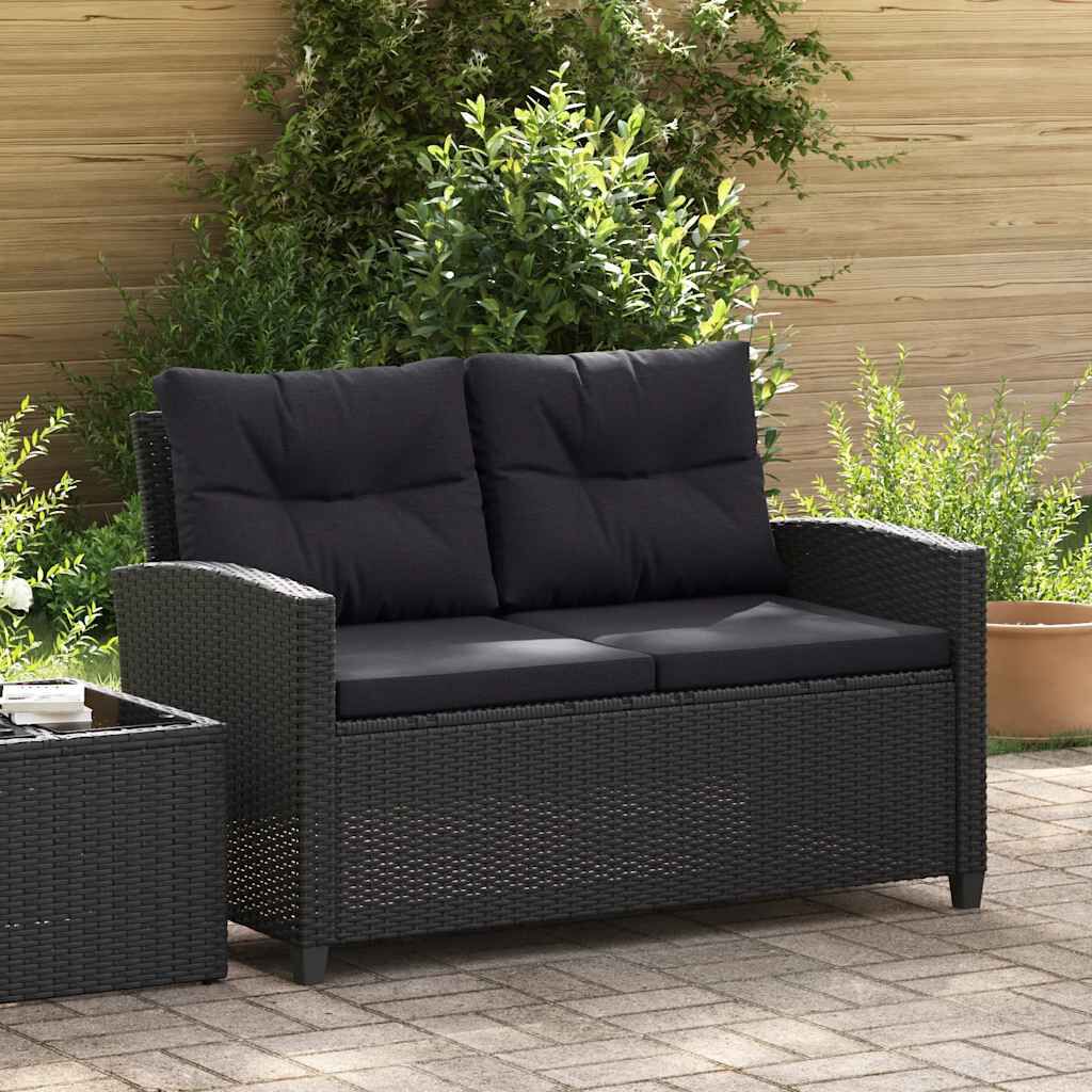 vidaXL 2-Seater Garden Sofa with Cushions Black 124 cm Poly Rattan