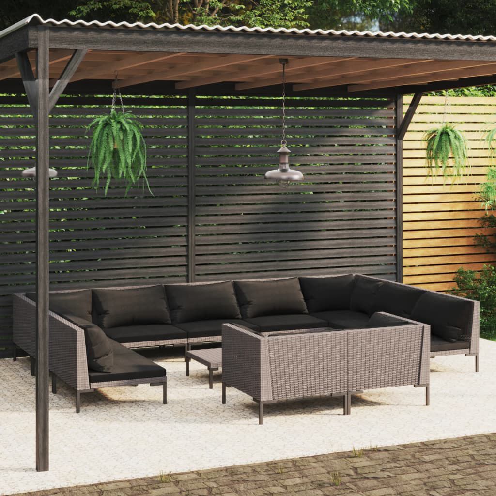 vidaXL 12 Piece Garden Lounge Set with Cushions Poly Rattan Dark Grey