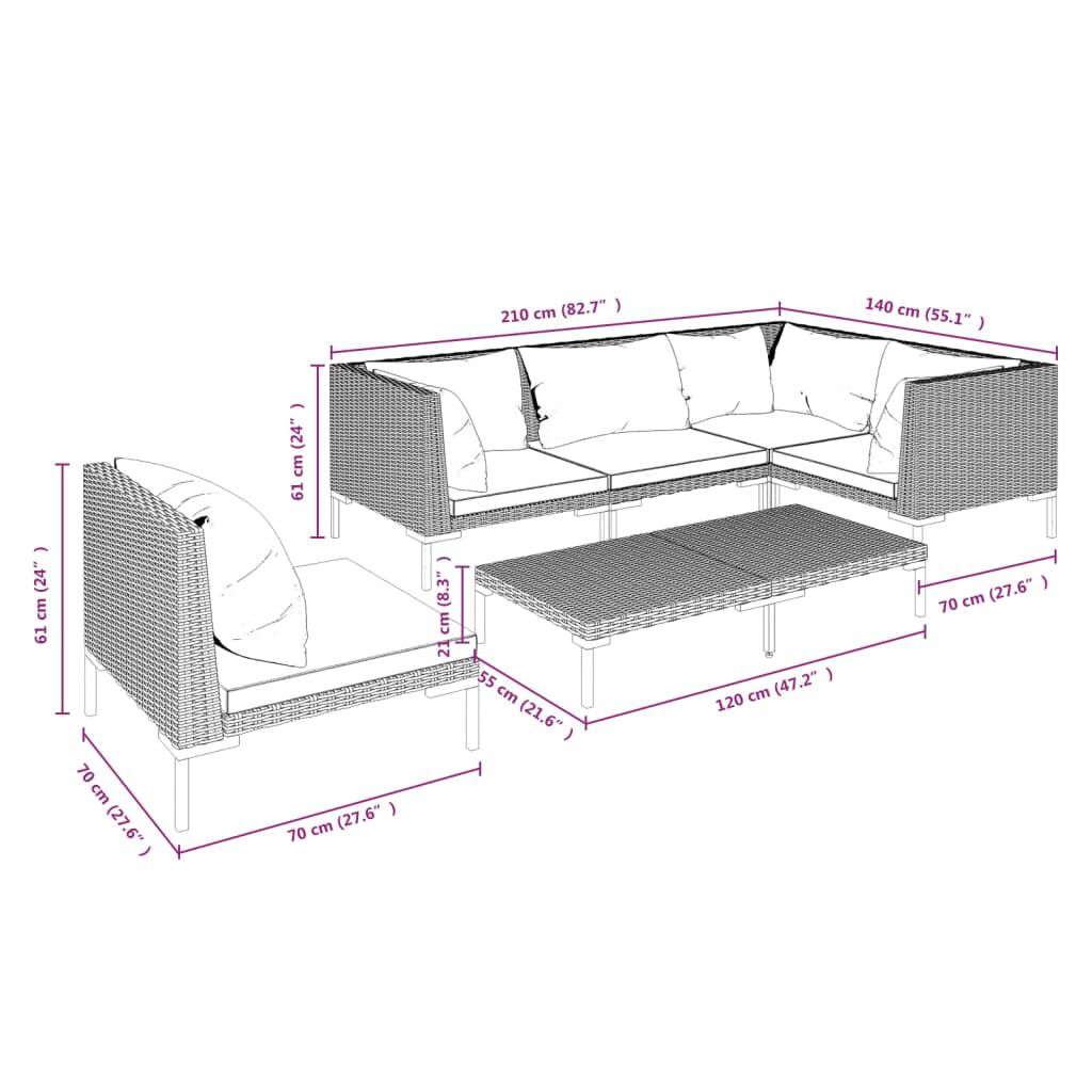 vidaXL 6 Piece Garden Lounge Set with Cushions Poly Rattan Dark Grey