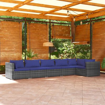 vidaXL 6 Piece Garden Lounge Set with Cushions Poly Rattan Grey, grey and dark blue vidaXL 6 Piece Garden Lounge Set with Cushions Poly Rattan Grey