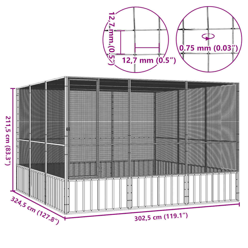 vidaXL Bird Cage Grey 302.5x324.5x211.5 cm Galvanised Steel