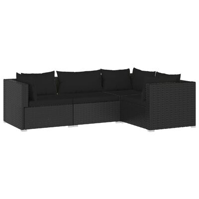 vidaXL 4 Piece Garden Lounge Set with Cushions Poly Rattan Black, black vidaXL 4 Piece Garden Lounge Set with Cushions Poly Rattan Black