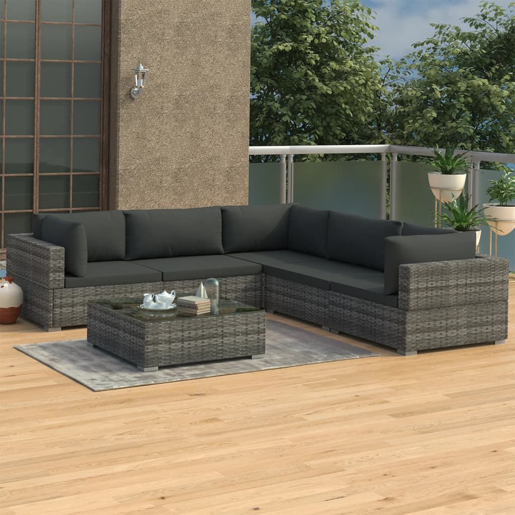 vidaXL 6 Piece Garden Lounge Set with Cushions Poly Rattan Grey