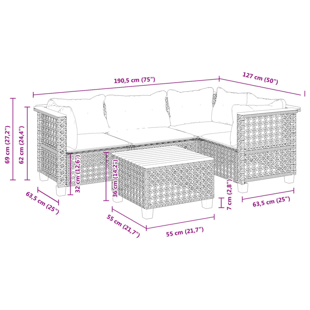 vidaXL 5 Piece Garden Sofa Set with Cushions Grey Poly Rattan