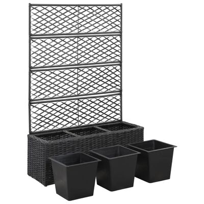 vidaXL Trellis Raised Bed with 3 Pots 83x30x130 cm Poly Rattan Black, black vidaXL Trellis Raised Bed with 3 Pots 83x30x130 cm Poly Rattan Black