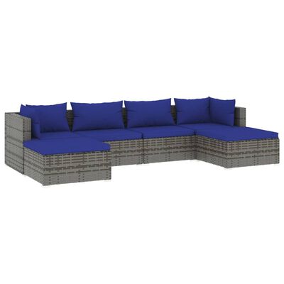 vidaXL 6 Piece Garden Lounge Set with Cushions Poly Rattan Grey, grey and dark blue vidaXL 6 Piece Garden Lounge Set with Cushions Poly Rattan Grey