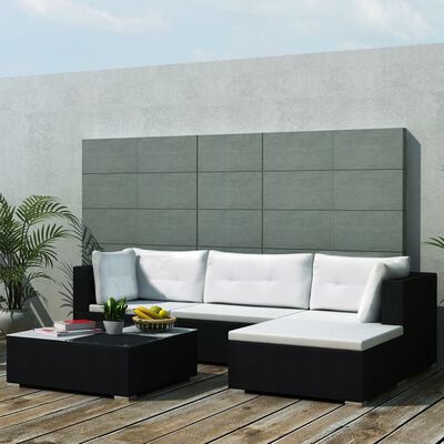 vidaXL 5 Piece Garden Lounge Set with Cushions Poly Rattan Black, black vidaXL 5 Piece Garden Lounge Set with Cushions Poly Rattan Black