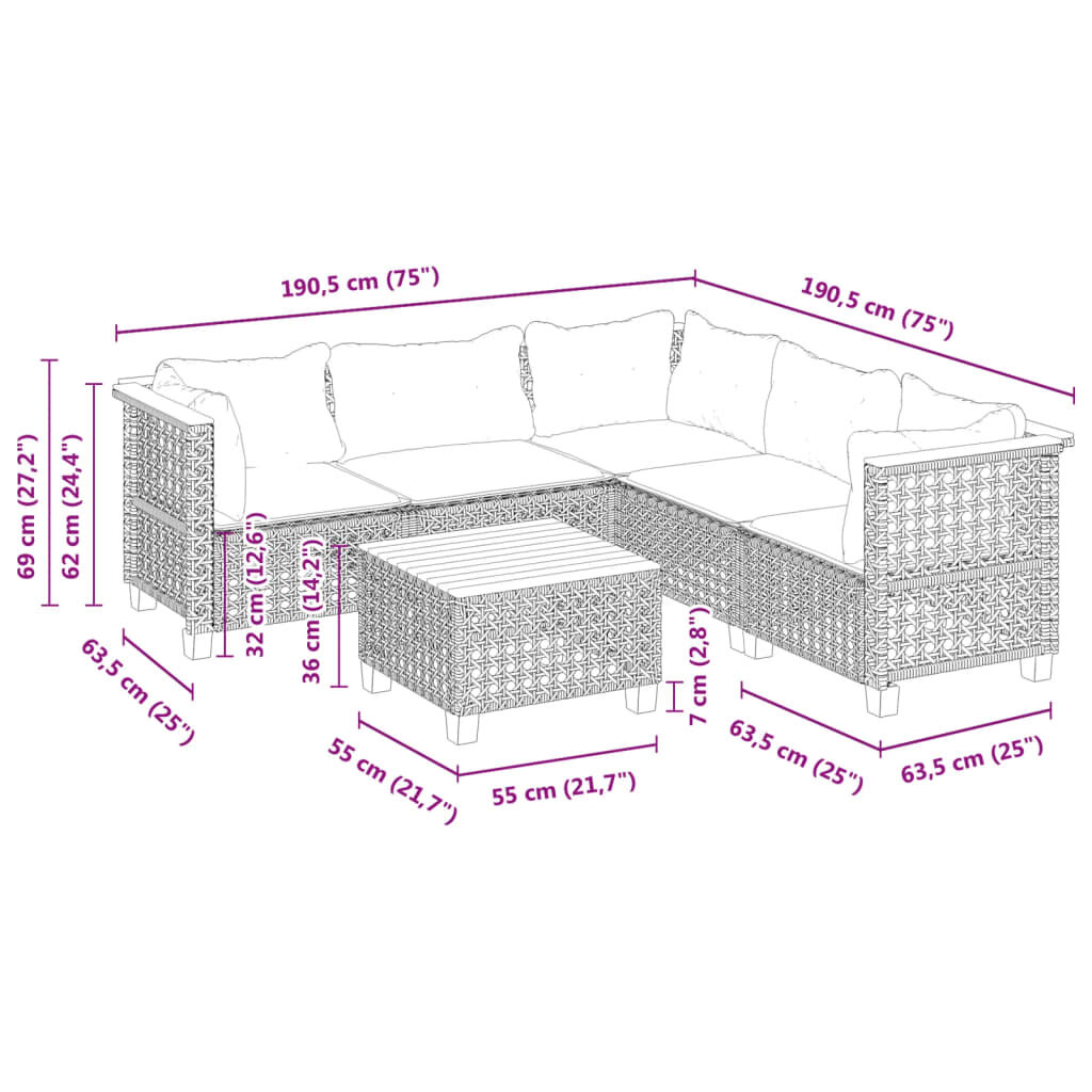 vidaXL 6 Piece Garden Sofa Set with Cushions Black Poly Rattan