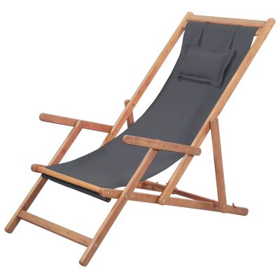 vidaXL Folding Beach Chair Fabric and Wooden Frame Grey, grey vidaXL Folding Beach Chair Fabric and Wooden Frame Grey