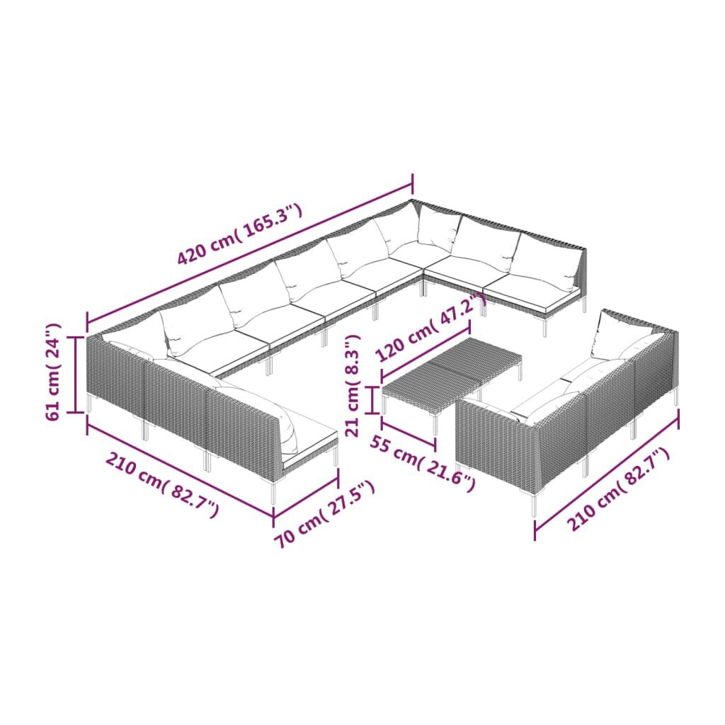 vidaXL 14 Piece Garden Lounge Set with Cushions Poly Rattan Dark Grey