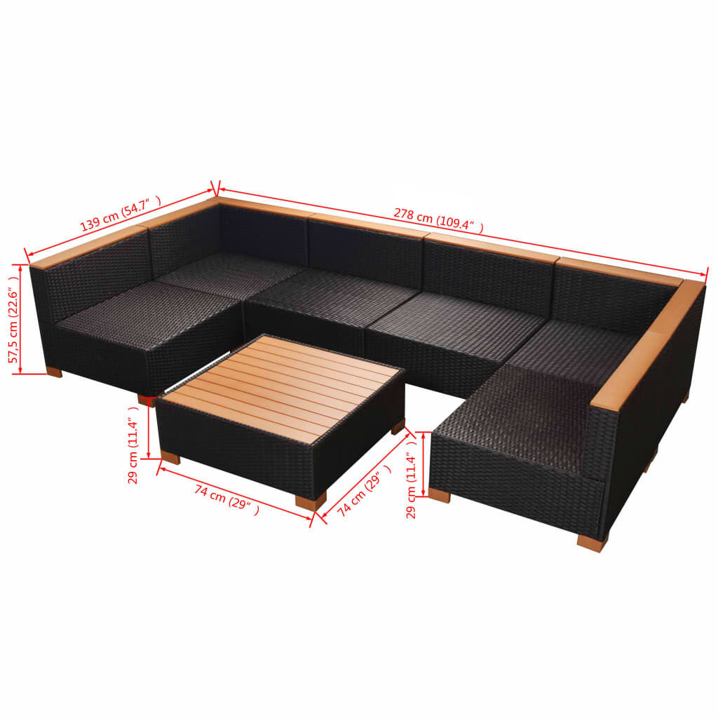 vidaXL 7 Piece Garden Lounge Set with Cushions Poly Rattan Black
