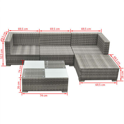 vidaXL 5 Piece Garden Lounge Set with Cushions Poly Rattan Grey, grey vidaXL 5 Piece Garden Lounge Set with Cushions Poly Rattan Grey
