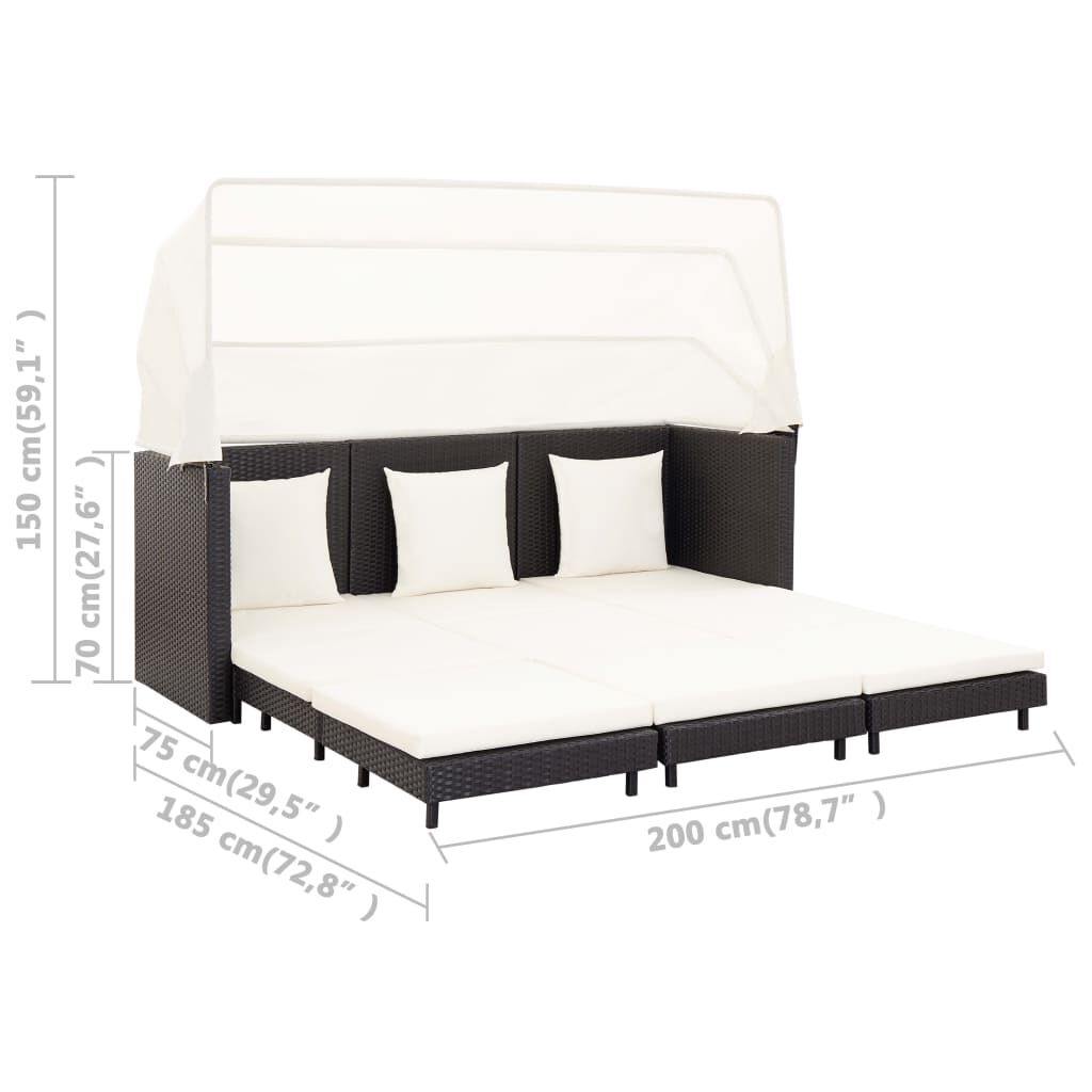 vidaXL Extendable 3-Seater Sofa Bed with Roof Poly Rattan Black