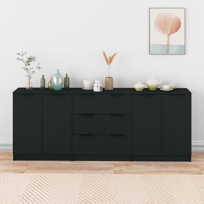vidaXL 3 Piece Sideboards Black Engineered Wood, black vidaXL 3 Piece Sideboards Black Engineered Wood