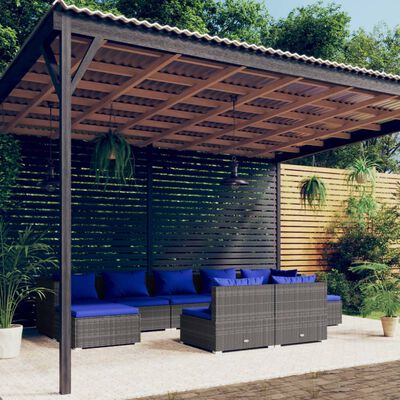vidaXL 9 Piece Garden Lounge Set with Cushions Grey Poly Rattan, grey and dark blue vidaXL 9 Piece Garden Lounge Set with Cushions Grey Poly Rattan