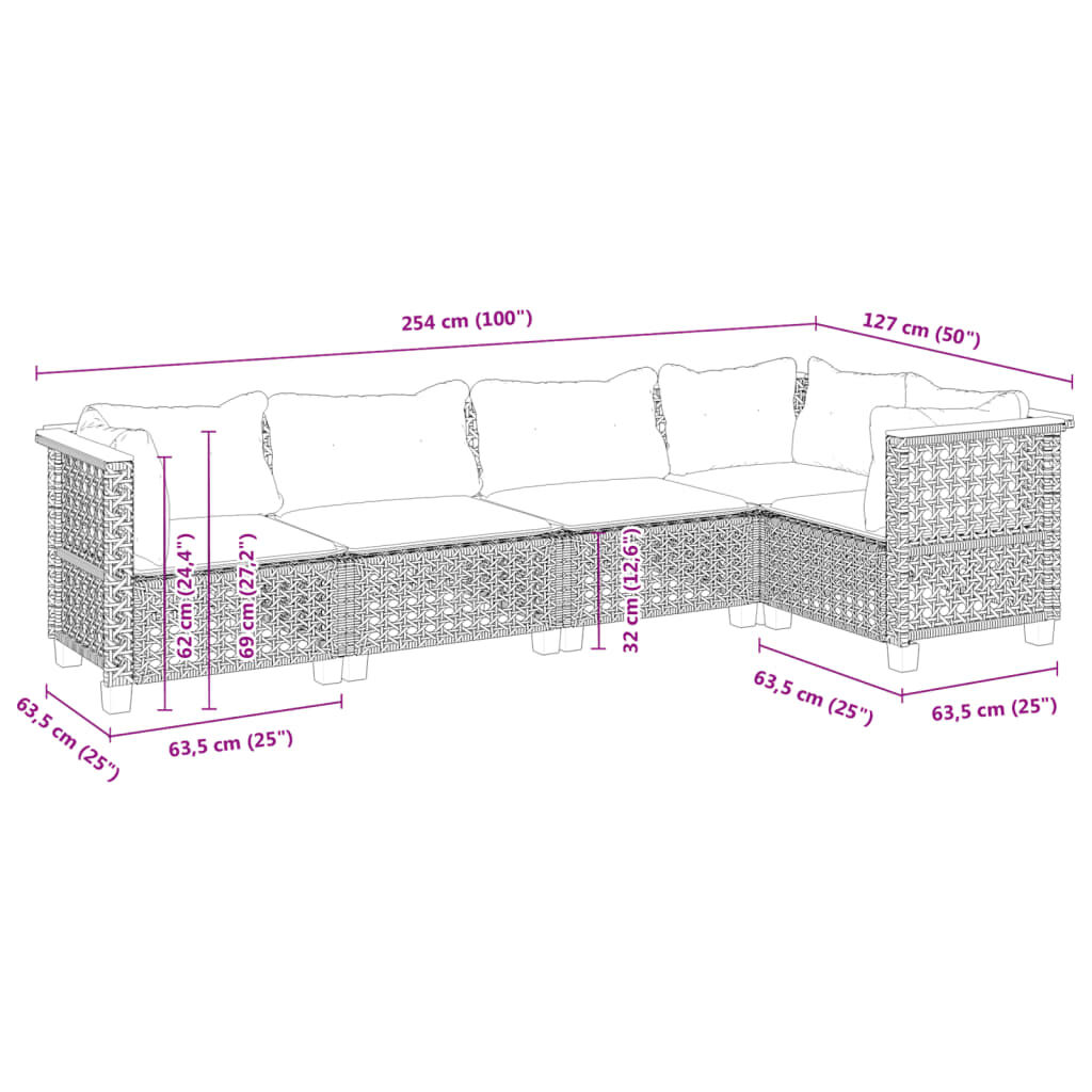 vidaXL 5 Piece Garden Sofa Set with Cushions Black Poly Rattan