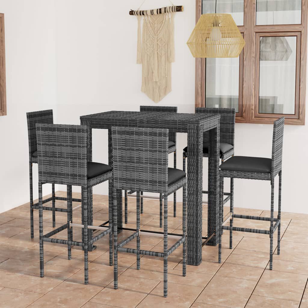 vidaXL 7 Piece Outdoor Bar Set with Cushions Poly Rattan Grey