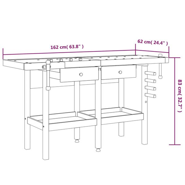 vidaXL Workbench with Drawers and Vices 162x62x83 cm Solid Wood Acacia