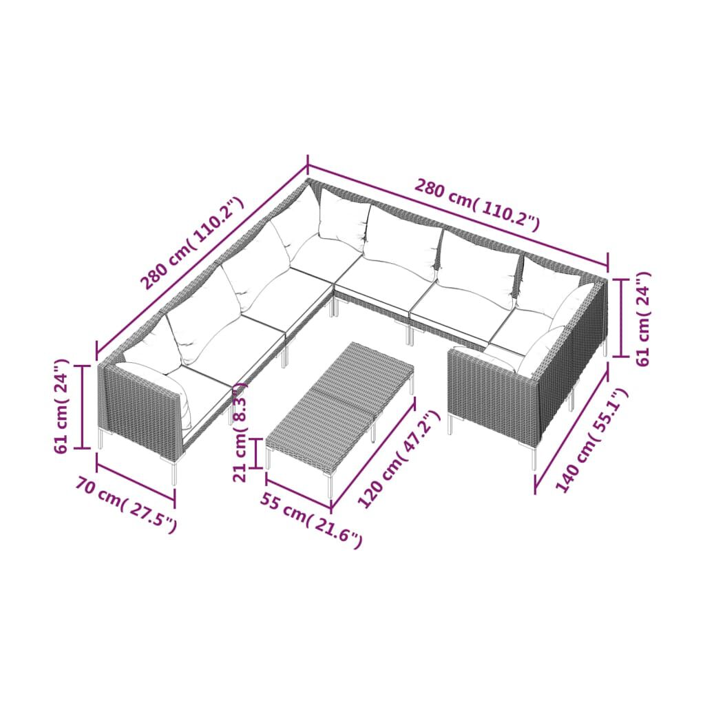 vidaXL 9 Piece Garden Lounge Set with Cushions Poly Rattan Dark Grey