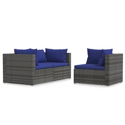 vidaXL 3 Piece Garden Lounge Set with Cushions Grey Poly Rattan, grey and dark blue vidaXL 3 Piece Garden Lounge Set with Cushions Grey Poly Rattan