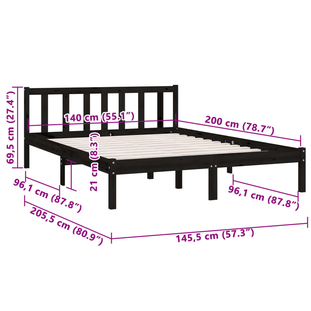 vidaXL Bed Frame without Mattress Black Solid Wood 140x200 cm