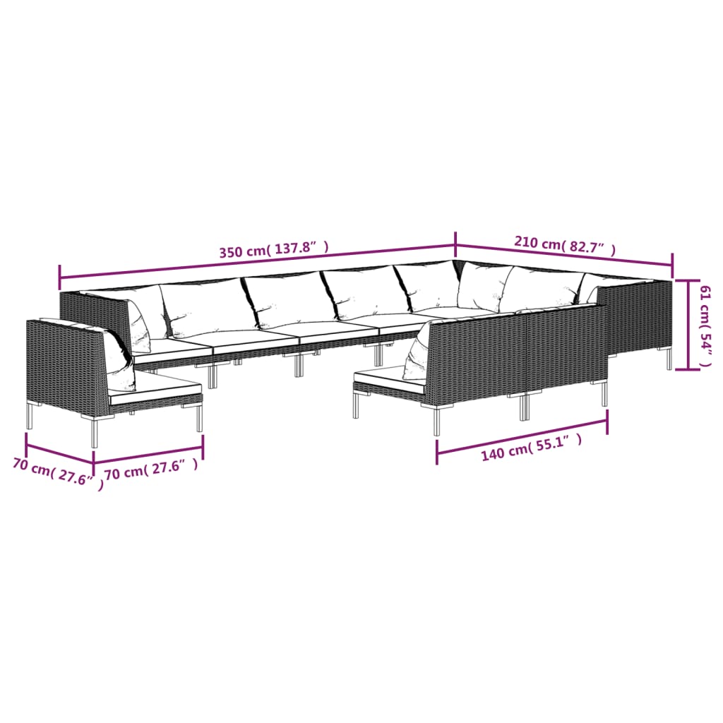 vidaXL 10 Piece Garden Lounge Set with Cushions Poly Rattan Dark Grey