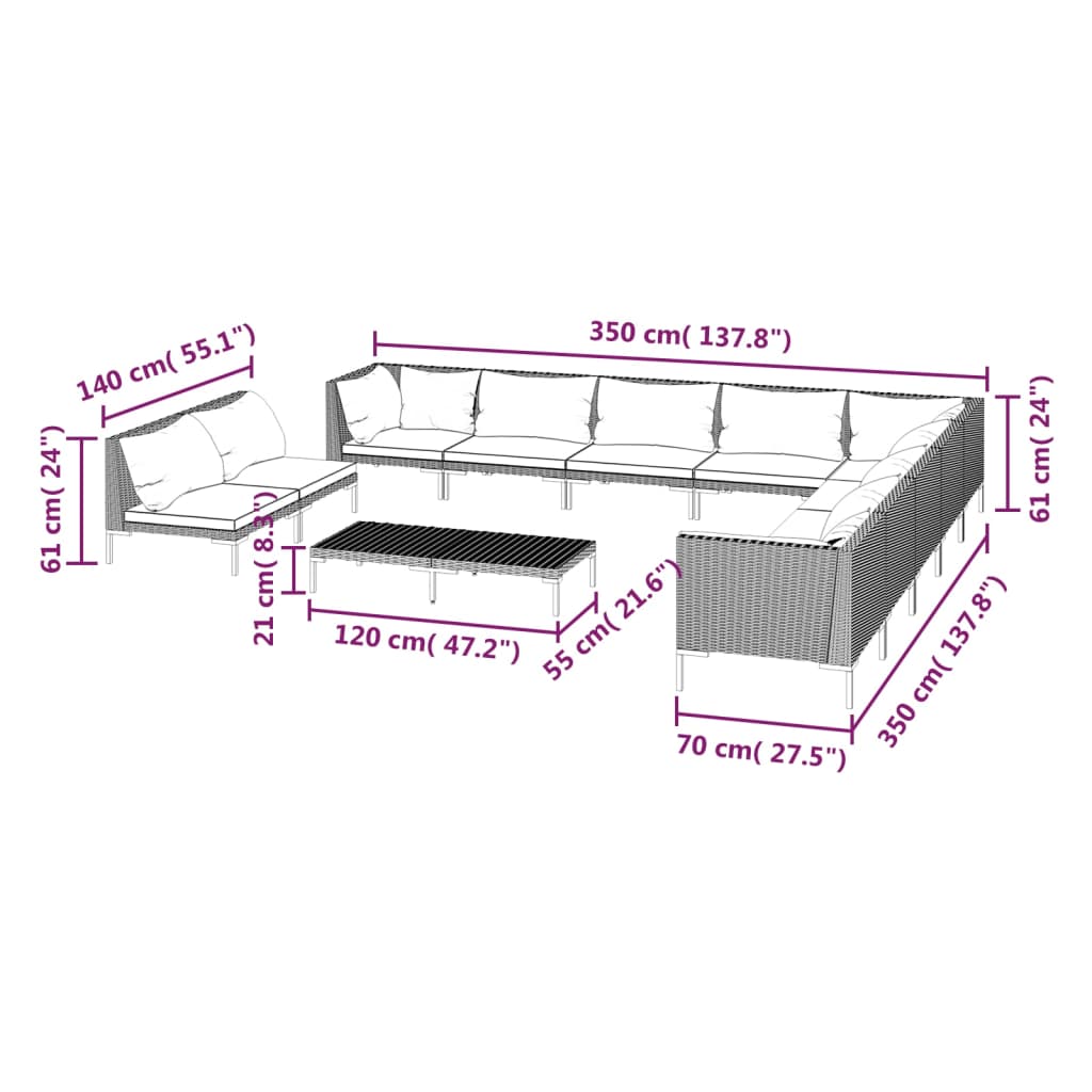 vidaXL 12 Piece Garden Lounge Set with Cushions Poly Rattan Dark Grey