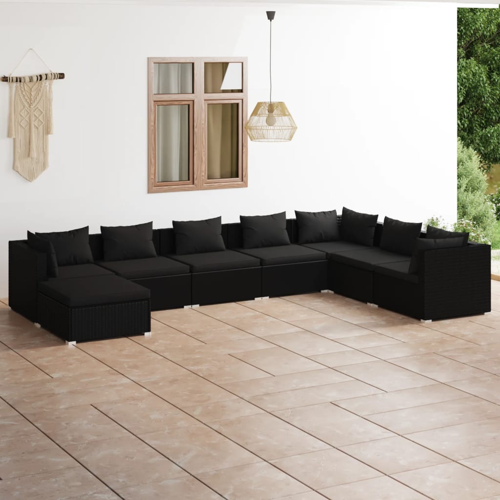 vidaXL 8 Piece Garden Lounge Set with Cushions Poly Rattan Black