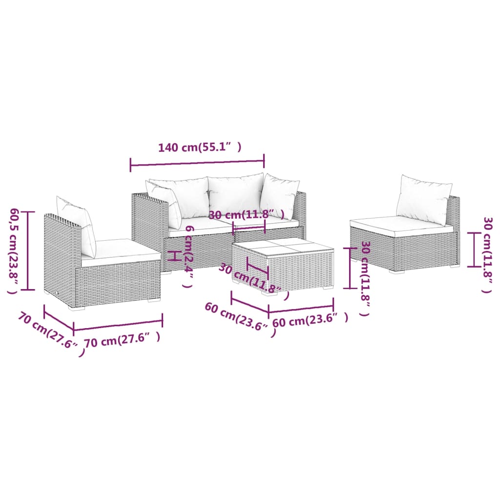 vidaXL 5 Piece Garden Lounge Set with Cushions Poly Rattan Grey