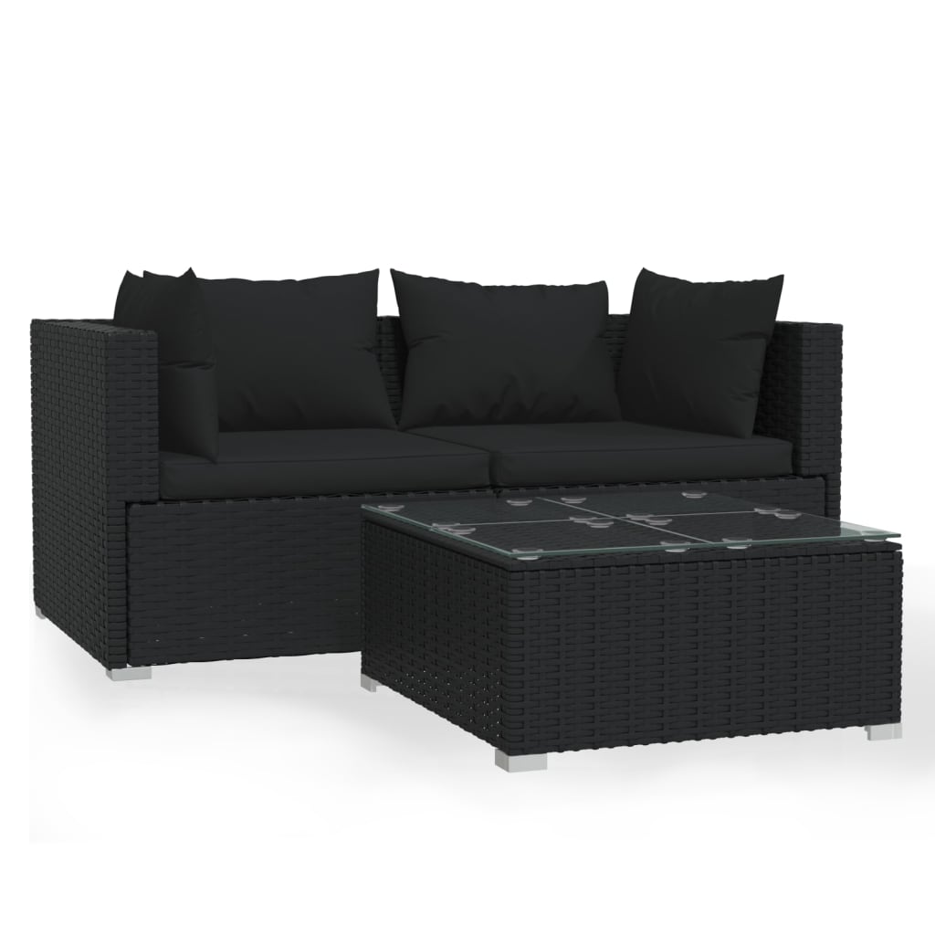 vidaXL 3 Piece Garden Lounge Set with Cushions Black Poly Rattan