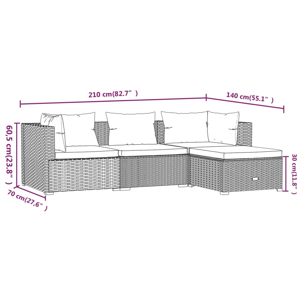 vidaXL 4 Piece Garden Lounge Set with Cushions Poly Rattan Grey