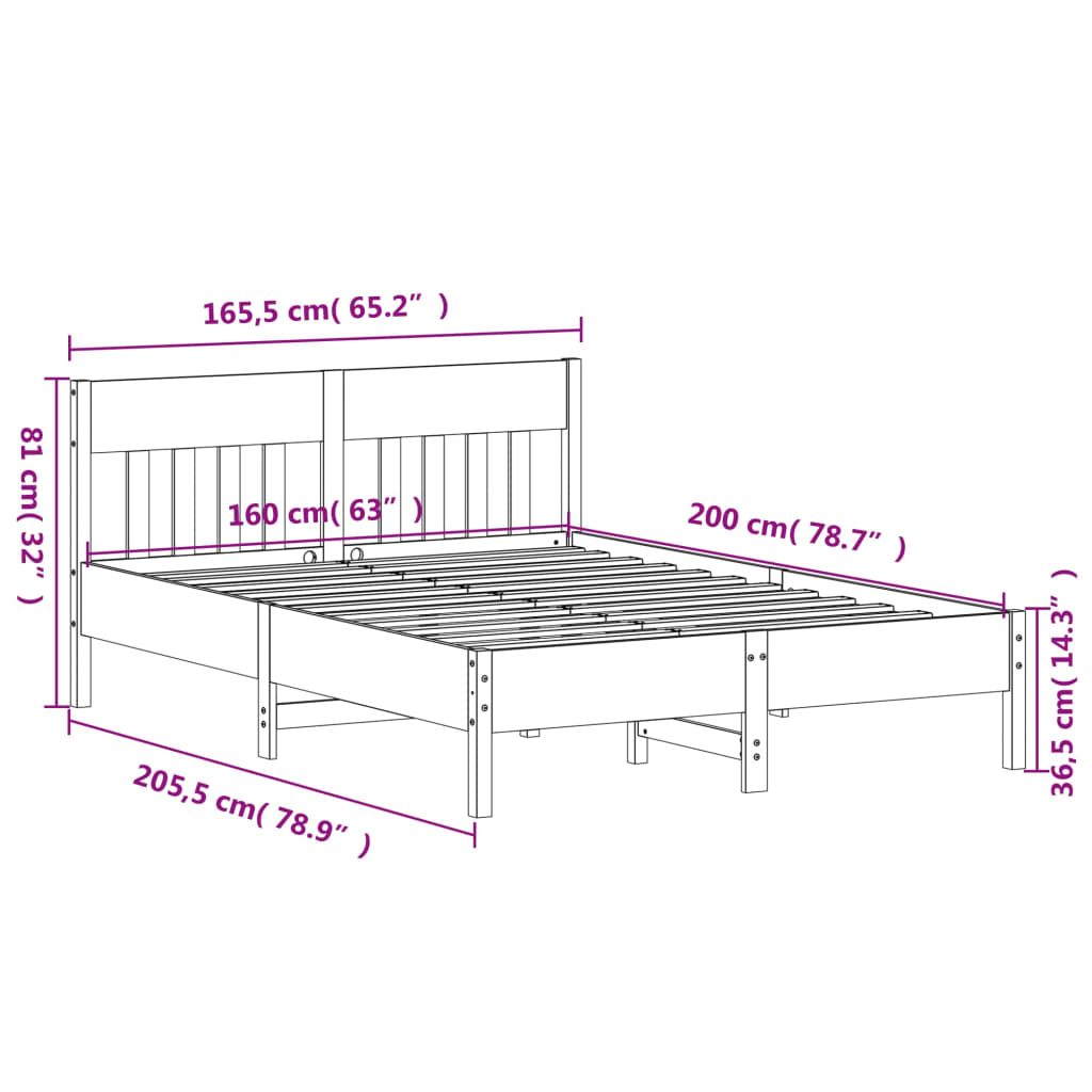 vidaXL Bed Frame with Headboard White 160x200 cm Solid Wood Pine