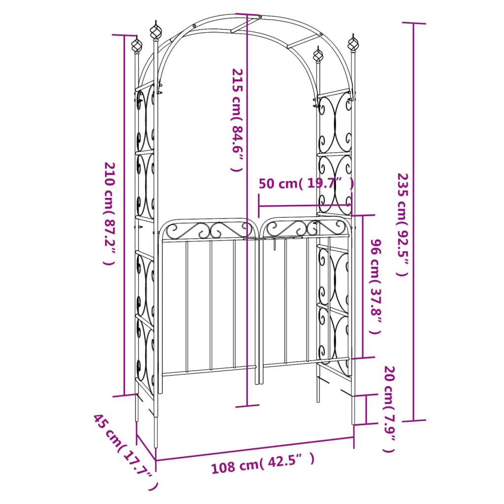 vidaXL Garden Arch with Gate Black 108x45x235 cm Steel