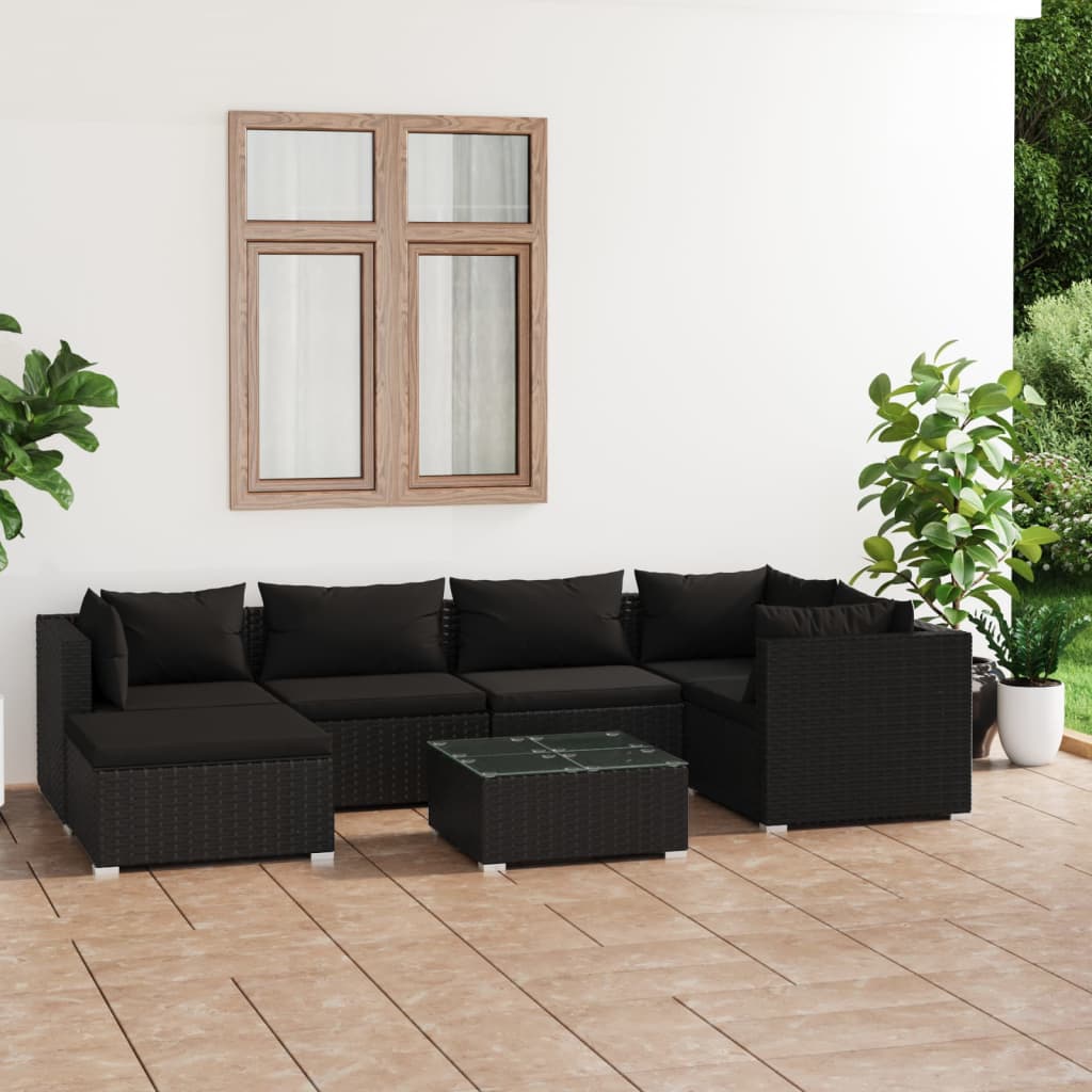 vidaXL 7 Piece Garden Lounge Set with Cushions Poly Rattan Black