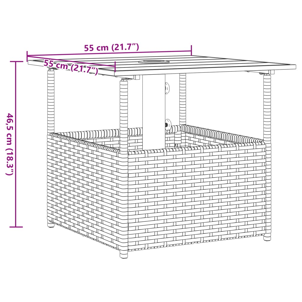 vidaXL Garden Table with Parasol Hole Black 55x55x46.5 cm Poly Rattan