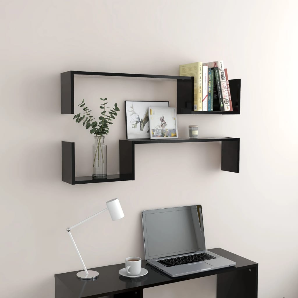 vidaXL Wall Shelf 2 pcs Black 100x15x20 cm Engineered Wood