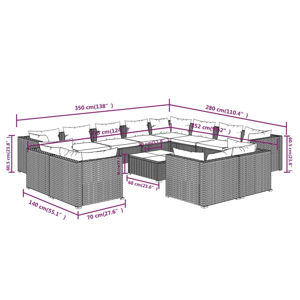 vidaXL 13 Piece Garden Lounge Set with Cushions Grey Poly Rattan