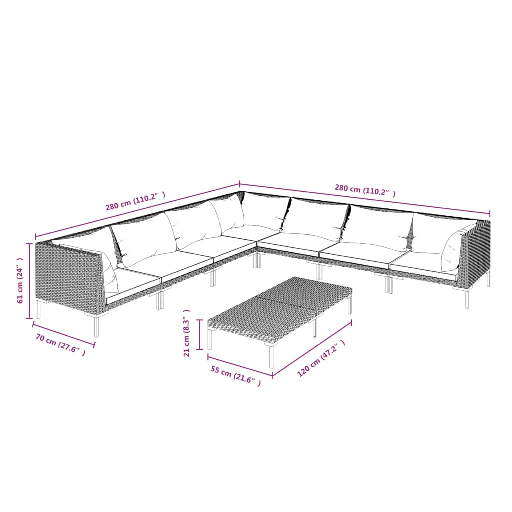 vidaXL 8 Piece Garden Lounge Set with Cushions Poly Rattan Dark Grey