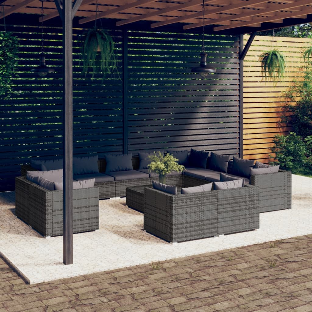 vidaXL 13 Piece Garden Lounge Set with Cushions Grey Poly Rattan