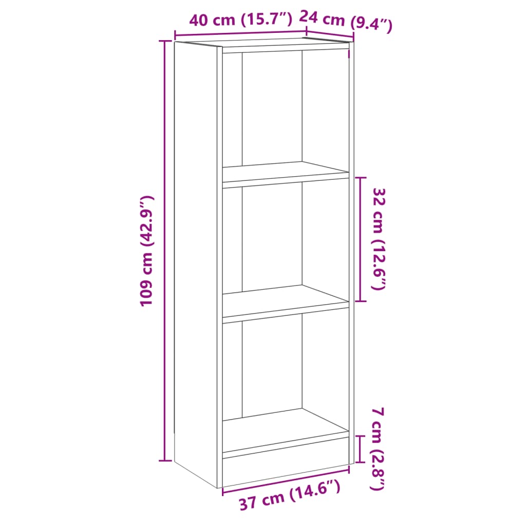 vidaXL 3-Tier Book Cabinet Black 40x24x109 cm Engineered Wood