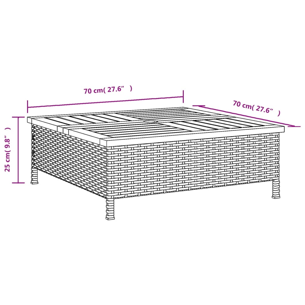 vidaXL Garden Table Black 70x70x25 cm Rattan and Acacia Wood