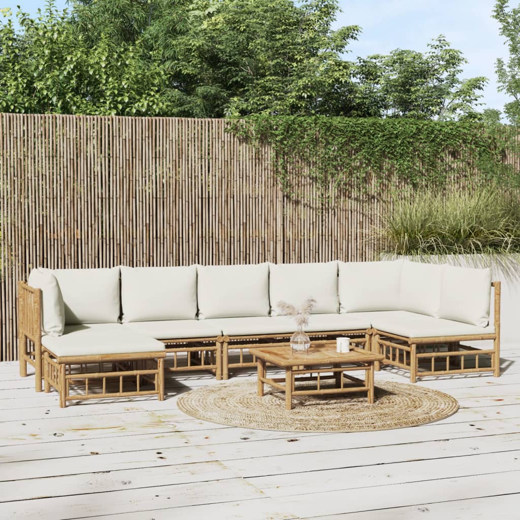 vidaXL 8 Piece Garden Lounge Set with Cream White Cushions Bamboo